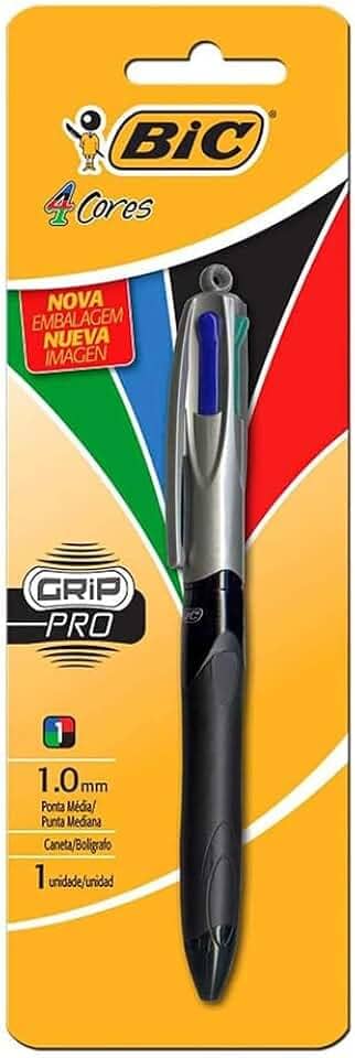 BIC, Caneta Escrita Média Retrátil, 4 Cores Clássicas, Grip Pro, 1 Unidade