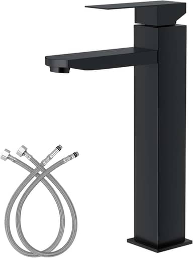 Torneira de Cascata Alta Aço Inoxidável Manípulo Único para Banheiro Torneira para Lavatório com 2 Linhas de Abastecimento de Agua (Preto)