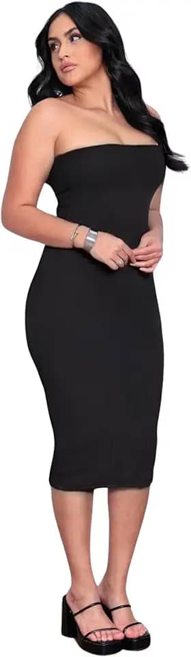 Vestido Coladinho Tomara que Caia Tubinho Bandeau Canelado Moda Gringa Blogueira