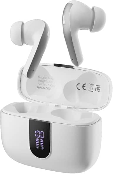 Fone de Ouvido Sem Fio Bluetooth, 40H de Reprodução com Display LED, Intra-Auricular, Cancelamento de Ruído, IPX5, 3 Tamanhos Tampões Ouvido Intercambiáveis, Som Estéreo (Branco)