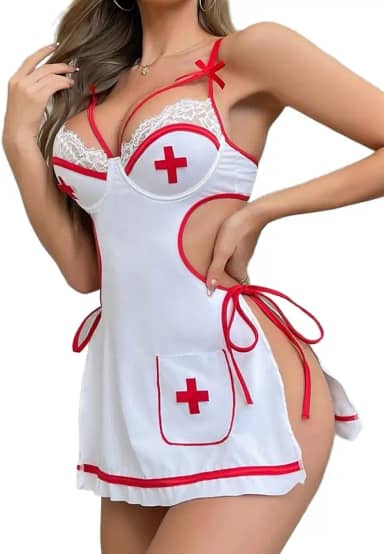 Lingerie sexy para mulheres, roupas impertinentes, conjunto de lingerie exótica para cosplay, conjunto de minissaia de enfermeira, Branco, M