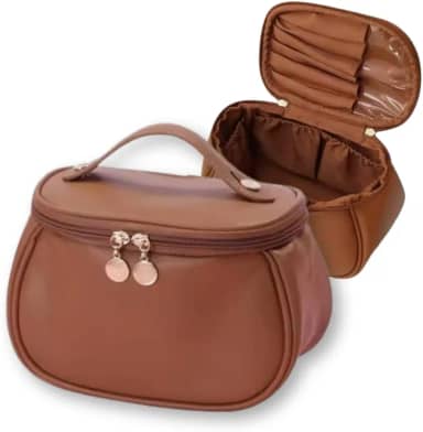 Necessaire de Maquiagem e Cosméticos para Viagem - Organizador Compacto com Divisórias - Bolsa de Couro Sintético Feminina - Estojo de Beleza Portátil - Organizador de Maquiagem - UpShop (Marrom)