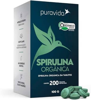 Spirulina Orgânica de 500 mg com 200 Tabletes de 100g-Pura Vida