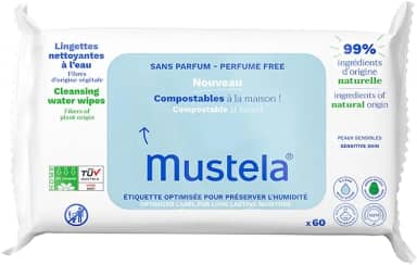 Mustela Toalhas Umedecidas Compostáveis Sem Perfume 60 Unidades - Feito com 99% de Ingredientes Naturais - Lenços Umedecidos sem fragrância Mustela Bebê e Criança