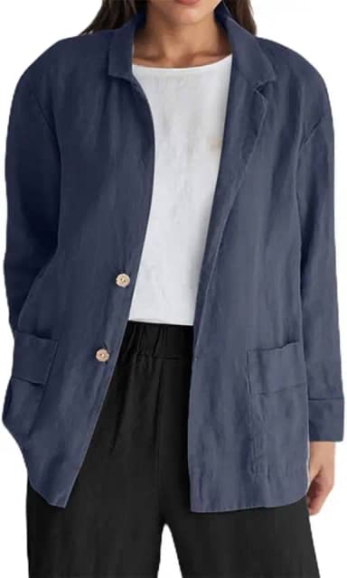 Blazer feminino leve, casual, de algodão, manga comprida, com botões, ajuste solto, para trabalho, escritório, com bolsos