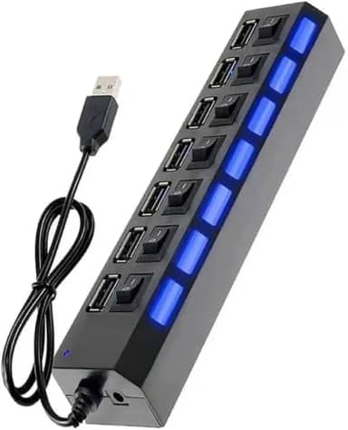 Hub 2.0 7 Portas USB Regua Extensora Auxiliar Duplicador Multiplicador Chave Seletora Extensão HI-SPEED HUB USB 7 Portas Com Led Individual, Chave On/Off - TONSHOP