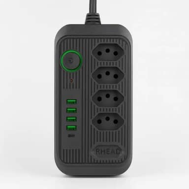 Tomada Régua de Energia 2500W com 5 Tomadas + 4 USB + 1 USB-C, Bivolt 110-220V, Proteção Contra Sobrecarga e Cabo Reforçado de 1,9m – Carregamento Rápido (Preto)