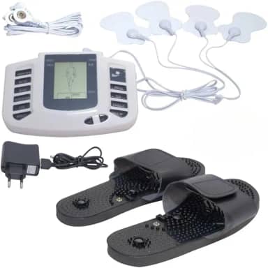 Aparelho Fisioterapia Massageador com Eletrodos Pulso Eletrico Portátil Acupuntura - Acompanha Chinelo e 4 pares de adesivos - Dor Tensao Muscular Tens (1)