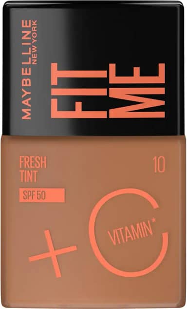 Maybelline NY Fit Me Fresh Tint Base Líquida, Proporciona Efeito Glow Natural, Controla a Oleosidade e Uniformiza a Pele com Vitamina C e FPS 50, Cor 10, 30ml
