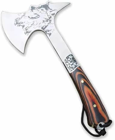 Machado Tático Lobo do Norte, Tomahawk de Combate com Cabo em Madeira, Decoração em Prata