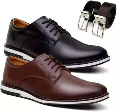 Kit 2 Pares Sapato Social Masculino Oxford Derby em Premium com Cinto Dupla Face, Estilo Confort