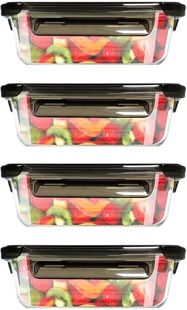 Kit 4 Potes de Vidro Hermético Retangular com Tampa, 680ml - Marmita para Comida com 4 Travas, Organizador Porta Frios e Mantimentos na Geladeira, Vai ao Microondas, Forno e Lava-Louças