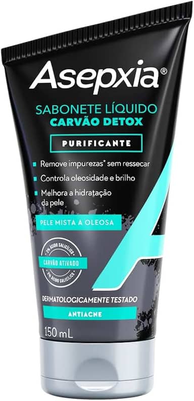 Asepxia Sabonete Líquido Carvão Detox Purificante Para Pele Mista A Oleosa, Remove Impurezas Sem Ressecar, Melhora Hidratação Da Pele, Gel De Limpeza Facial 150Ml, 1 Pack