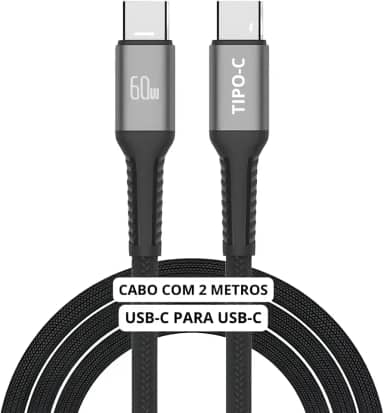 Cabo USB-C 2 metros Tipo C Turbo 60W Ultra Rapido Nylon Trançado e Reforçado Android e Iphone Notebook Tablet Qualidade Premium Carregamento Transferência de Dados