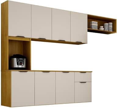 Armario de Cozinha Nara Compacta 8 Portas com 1 Gaveta 193cm Cinamomo/off White