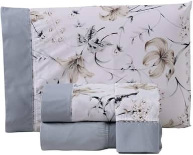 Jogo de Lençol Floral, 4 Peças, Percal 180 Fios, Estampado com Ponto Palito, Algodão/Poliéster, Casal, Queen ou King (Cinza, Casal King)