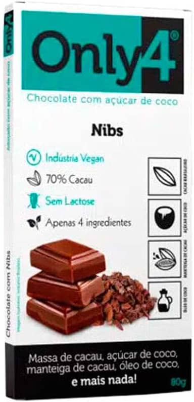 Chocolate 70% Cacau Açúcar de Coco e Nibs de Cacau Only4 80g