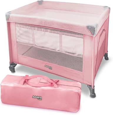 Berço Portátil Infantil Multifuncional Cercado com Mosquiteiro e Abertura Lateral (Rosa)