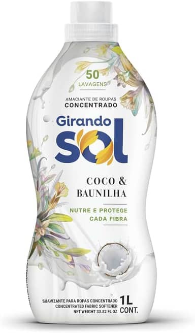 Girando Sol Amaciante Concentrado Coco E Baunilha 1L Amaciante De Roupas Concentrado Branco Nutre E Protege Cada Fibra Rende 50 Lavagens