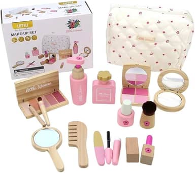 Conjunto de Maquiagem Infantil em Madeira, 17 Peças, Cosmético de Brinquedo com Estojo, Rosa e Natural, para Crianças Acima de 3 Anos, com Espelho e Pente
