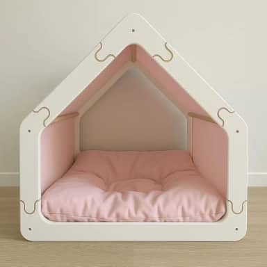 Cama Caminha para Pet Cachorro e Gato Tamanho Grande em Madeira e Tecido, Luma Pet, Design Casinha, com Almofada Macia (Branco/Rosa)