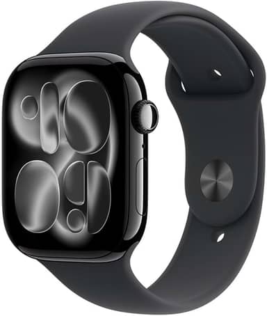 Apple Watch Series 11 GPS, Caixa em alumínio preto brilhante de 46 mm com Bracelete desportiva preta - M/G