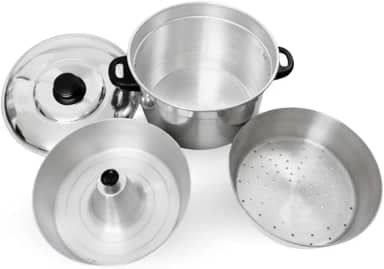 Panela Multifuncional 3 em 1, Alumínio Polido, 2,5L, Conjunto com Forma para Banho-Maria, Cesto Vapor e Panela Principal, Ideal para Pudins, Legumes e Receitas do Dia a Dia