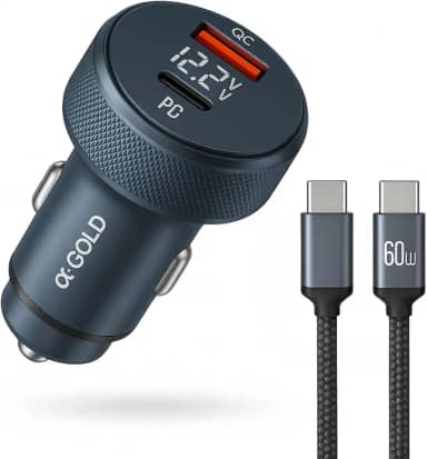 Carregador Veicular Turbo 60W com 2 Portas – USB 3.0 + Tipo C – Carregamento Rápido 9.1A – Compatível com Celulares, Tablets e GPS – Modelo Premium (Cinza)