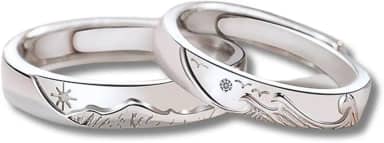 Par de Alianças Banhadas a Prata "Amor Duradouro" em Cobre Unissex Ajustáveis Mares e Montanhas – Acompanha Bolsa de Veludo