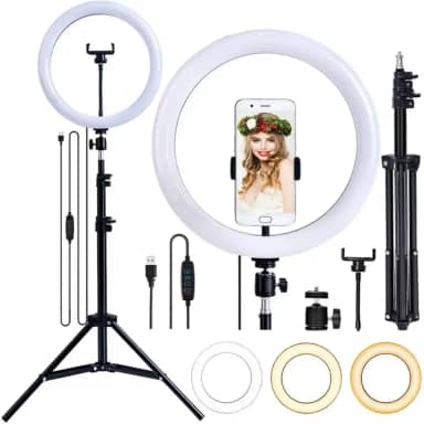 Kit Completo Iluminador Ring Light 12 Polegadas, 30 cm, com Tripé e Dimmer para Gravação Profissional - Anel de Led com Três Tonalidades de Luz