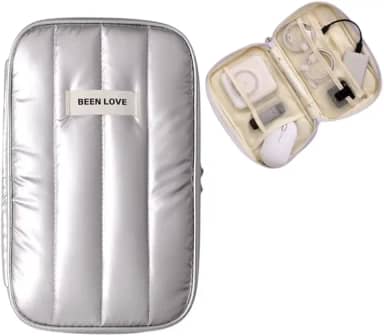 Necessaire puffer de Viagem Acolchoado, Bolsa de Maquiagem Grande, Organizador de Artigos de Higiene Pessoal (PORTA ACESSÓRIOS E CABOS PRATA)