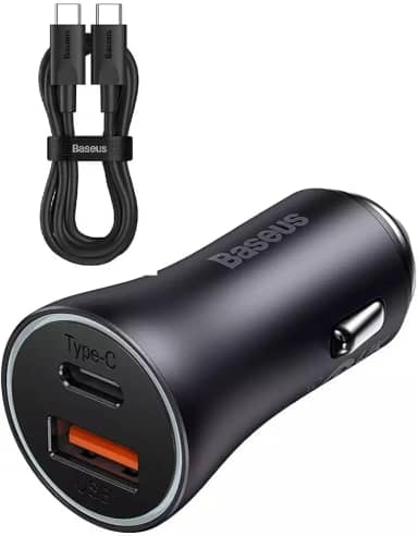 Kit Carregador Veicular Baseus USB-A + USB-C Turbo 60W, Cabo USB-C 1 metro, Golden Max Dual Preto