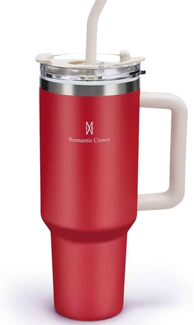 Romantic Crown Copo Térmico com Canudo Tampa e Alça 1,18L, Cops Garrafas Termico para viagem vácuo dupla camada aço inoxidável, Caneca Termica Cafe Água Chá,Presente, Fitness (Vermelho)