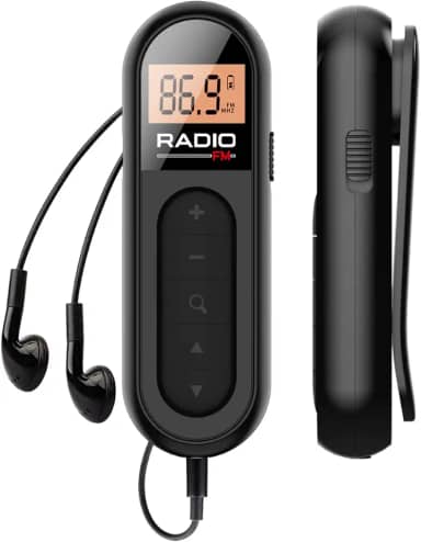 Rádio FM, rádio transistor portátil recarregável com melhor recepção, sintonização digital LCD com luz de fundo, som estéreo, clipe de cinto para corrida, caminhada (preto)