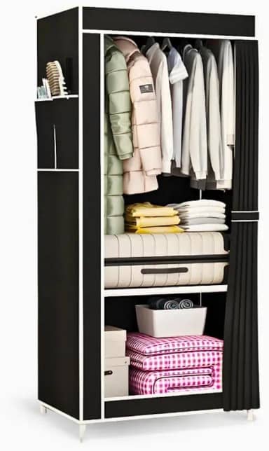 Armário Organizador Guarda Roupa Dobrável. A solução perfeita para o seu Closet! 1 Porta, Portátil, Multiuso com Bolsos Laterais - Preto