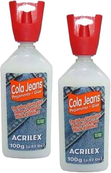 Cola Jeans Acrilex 100g Kit com 2 Unidades | Alta Fixação para Reparos e Customizações | Ideal para Jeans, Lonas e Tecidos Grossos | Resistência à Água e Acabamento Incolor
