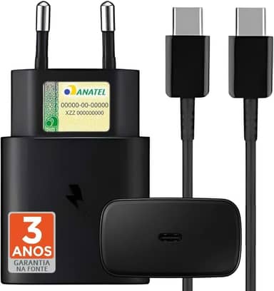 Carregador Turbo Compativel c/Samsung Galaxy, Motorola, Novo Iphone 15/16 - Fonte 25W Ultra,Carregamento Rápido, Tipo C + USB, Acompanha Cabo Tipo C, para Android/IOS - Certificado Premium Black