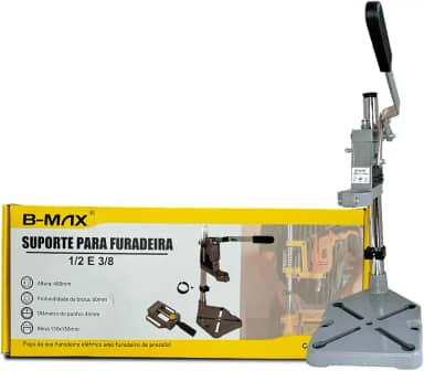 Suporte para Furadeira de Bancada com Alavanca Emborrachada, Redutor de Diâmetro, Base de Fixação e Corpo Reforçado em Alumínio e Aço