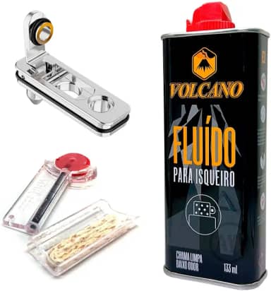 Kit de Fluido Volcano para Isqueiro (133ml), Pedra, Pavio e Vedação Anti-evaporação