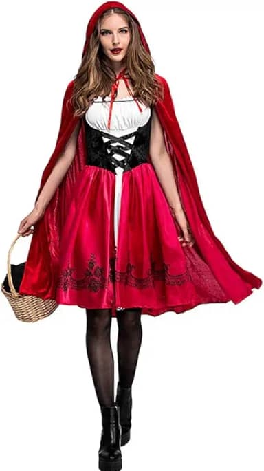 little red devil riding hood costume women, Christmas Halloween Party Dress with Cape Adult cosplay