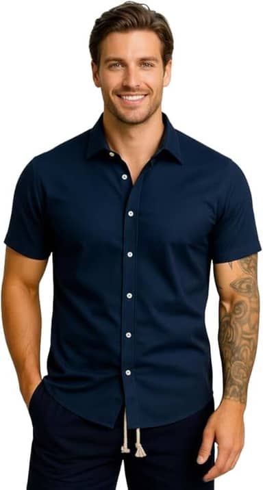 Camisa Masculina Gola Italiana Manga Curta Leve Elegante para Trabalho e Passeios, Tecido Fresco Passa Facil