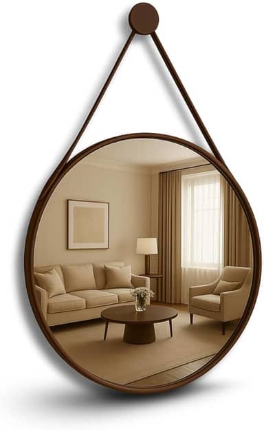 Espelho Decorativo Redondo Adnet Suspenso com Alça Costurada em Couro Ecológico para Banheiro Quarto Sala (Café/50cm)