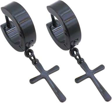 BRINCO MASCULINO ARGOLA 4 mm COM CRUZ PRETO (PAR)