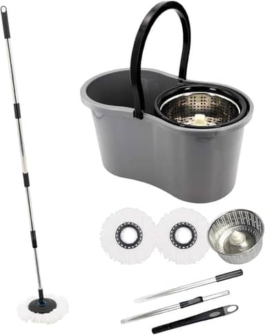 Importado - Mop com Balde Giratório Cesto em Inox, 9 Litros, Esfregão para Limpeza Lava e Seca com 2 Refis de Microfibra