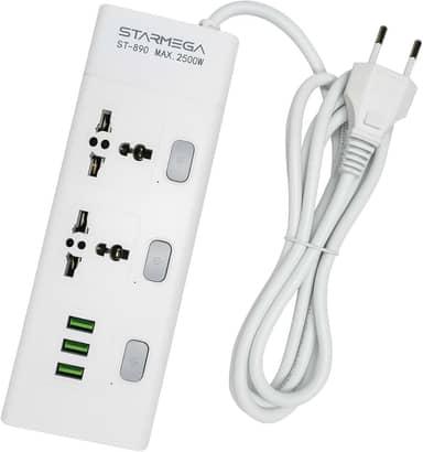Extensão Tomada, Régua Tomada, Régua de Energia, 2 tomadas universais, 3 Interfaces USB, Cabo de Alimentação de 1 metro, Suporte a Tensão de 110-220V, Potência de 2500W, Branca