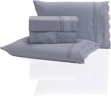 Jogo de Lençol Queen 3 Peças Percal 400 Fios Bordado Inglês - Tecido Acetinado, Macio e Confortável (Cinza, Queen)