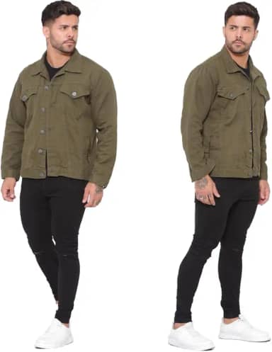 Jaqueta Jeans Masculina Verde Militar Casual com Bolsos e Fechamento em Botão