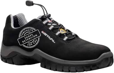 EN1002 Bota De Segurança Masculina - Preto E Cinza, Cano Baixo, Solado Bidensidade PU Amortecedor, Biqueira Composite, Forro Tecido Aerospacer 3D, Cadarço Elástico, Cabedal Microfibra Resistente a Água