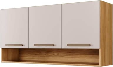 Armário Aéreo Suspenso Multiuso de Parede 3 Portas Plus (Off White/Cinamomo)