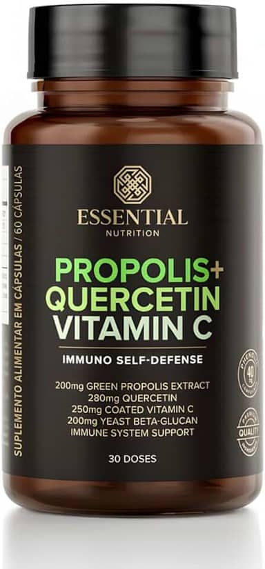 Essential Nutrition Própolis + Quercetina + Vitamina C, 60 Cápsulas, Suplemento para Imunidade com 200mg de Própolis Verde, 280mg Quercetina, 250mg Vitamina C